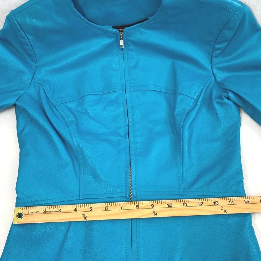 Shape FX Turquoise Blue Genuine Leather Jacket Womens Sz 8 Full Zip Flared Cuffs - Picture 9 of 11